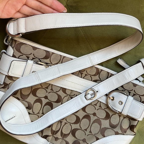 Coach Signature White Leather Jacquard Canvas Hobo Shoulder Bag Handbag Purse - Picture 7 of 12